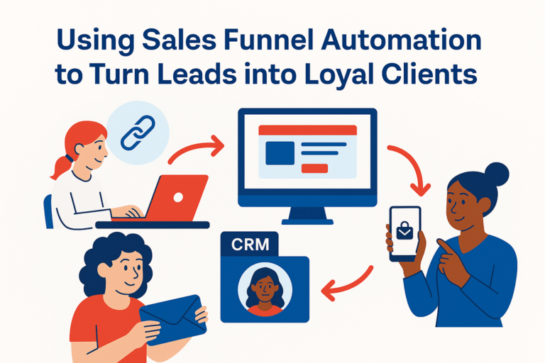Digital graphic titled “Using Sales Funnel Automation to Turn Leads into Loyal Clients,” featuring diverse business characters and visual cues of automation and client engagement.